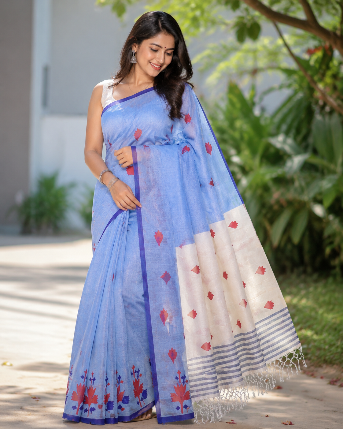 Hand-painted blue cotton saree displayed on a mannequin