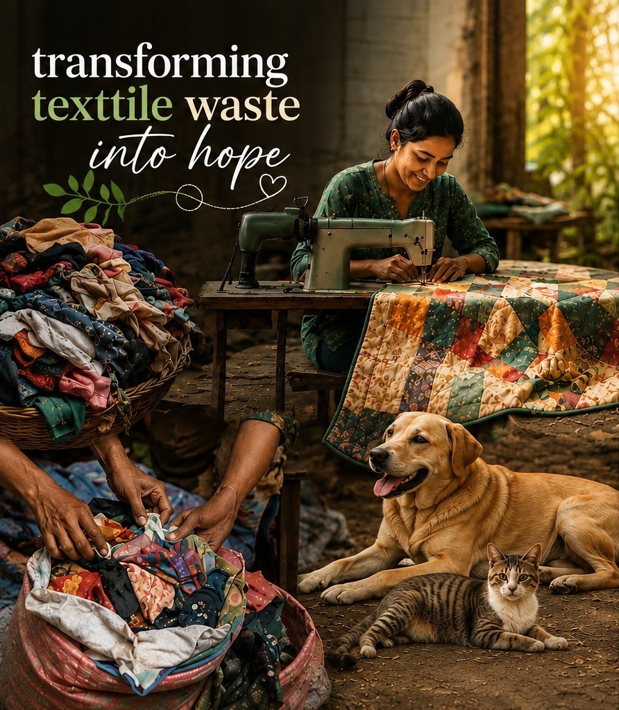 Grace & Glow showcase image with textile reuse, handcrafted quilting, and animal care message
